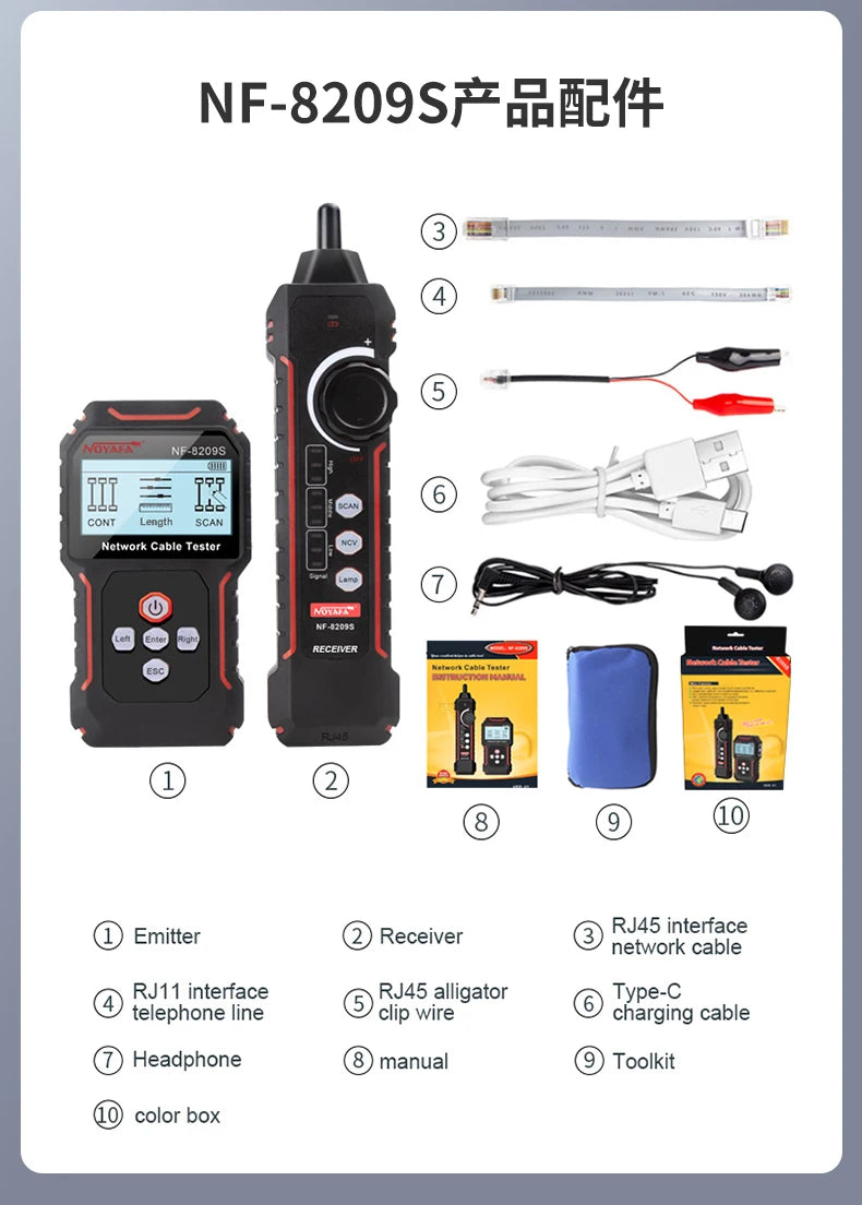 NOYAFA NF-8209S Network Cable Tracker Lan Measure Tester Network Tools LCD Display Measure Length Wiremap Tester Cable Tracker