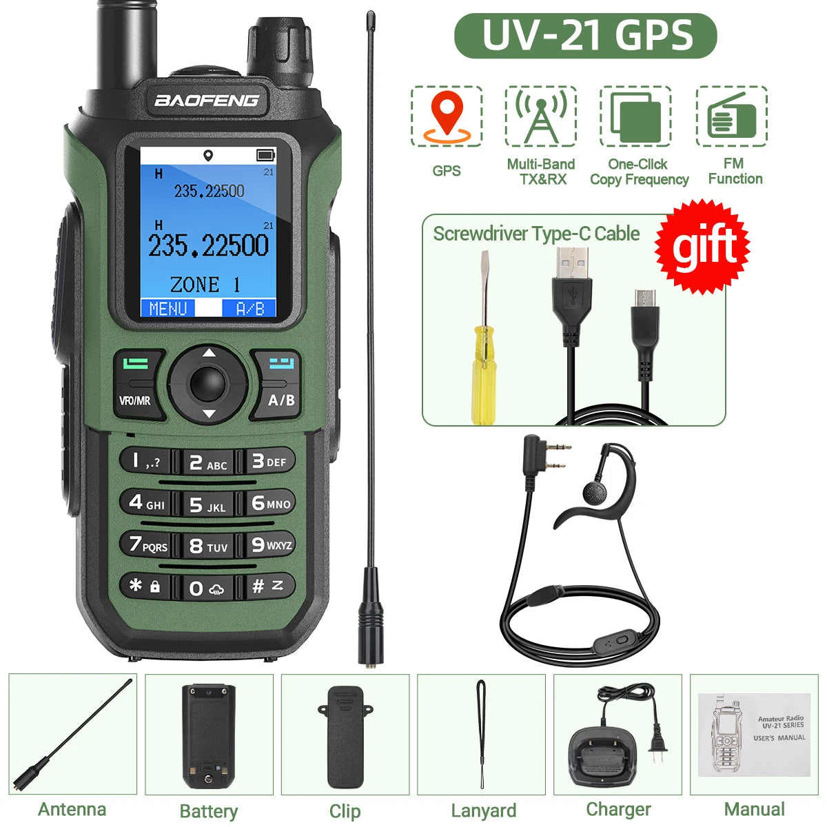 Baofeng UV-21 GPS Walkie Talkie Portable Long Range Mutli-Band Wireless Copy Frequency Type-C Charger Radio Upgrade UV17 PRO