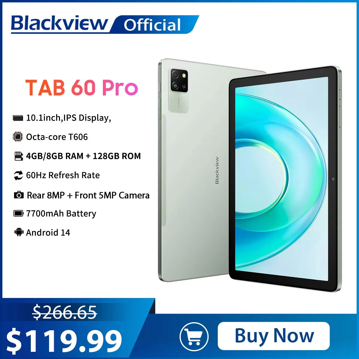 Blackview Tab 60 Pro Tablet PC 10.1'' IPS Display Octa-core T606,4GB/8GB RAM+256GB ROM, 7700mAh Battery 10W Charge Android 14