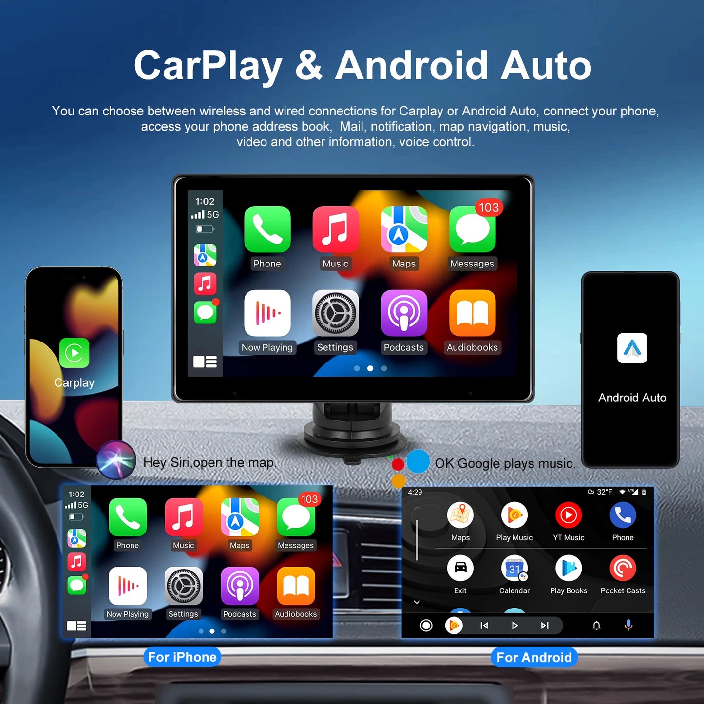 Podofo 10.1'' Carplay Monitor Android Auto Dashboard Watch Videos Airplay Android Cast Multimedia Player FM WIFI Bluetooth GPS