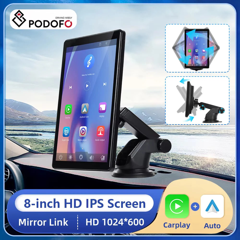 Podofo 8" IPS Screen Carplay Monitor Wireless Carplay Android auto Car Smart Screen Player Bluetooth FM Support Videos Rear Cam