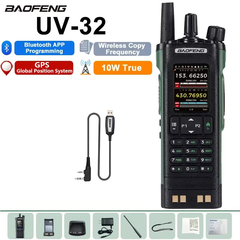 Baofeng Walkie Talkie UV-32 GPS 10W Bluetooth APP Programming Multi Band Fast Copy Frequency NOAA USB-C Long Range Two Way Radio