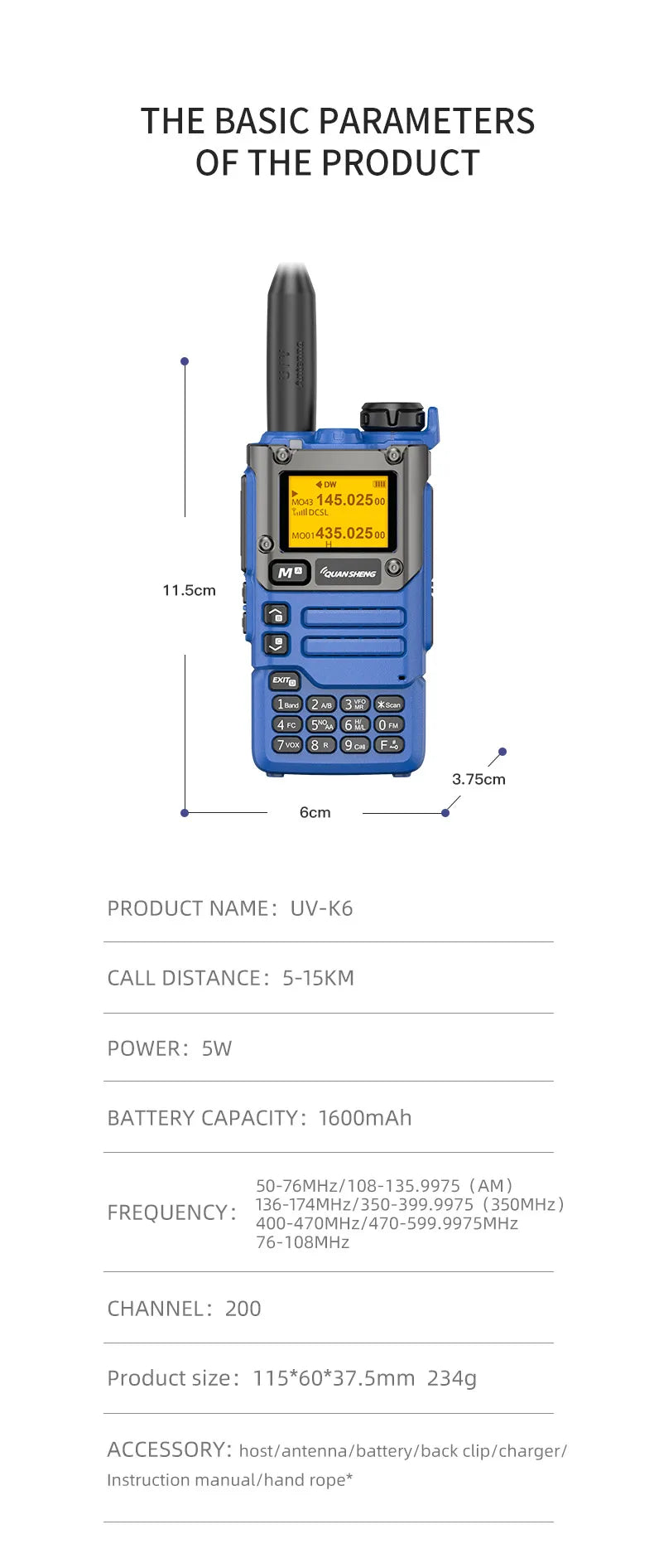 Quansheng UV-K6 Walkie Talkie 5W Air Band Radio Tyep C Charge UHF VHF DTMF FM Scrambler NOAA Wireless Frequency Two Way CB Radio