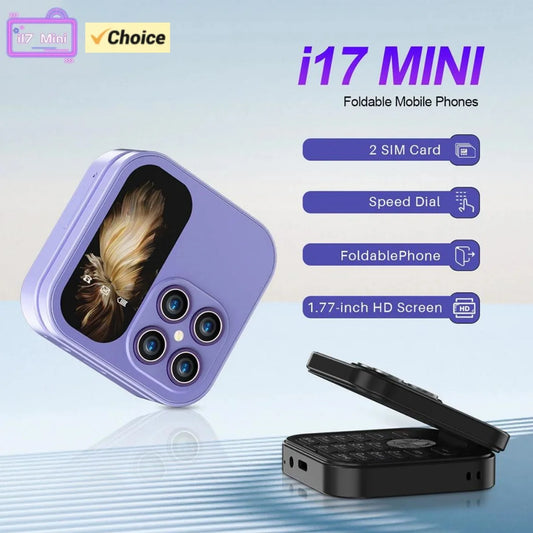 i17 Mini Phone Dual SIM 1.77``HD Screen 2G Foldable Mobile Phone Flashlight Speed Dial FM Radio Bluetooth Small Gift CellPhone