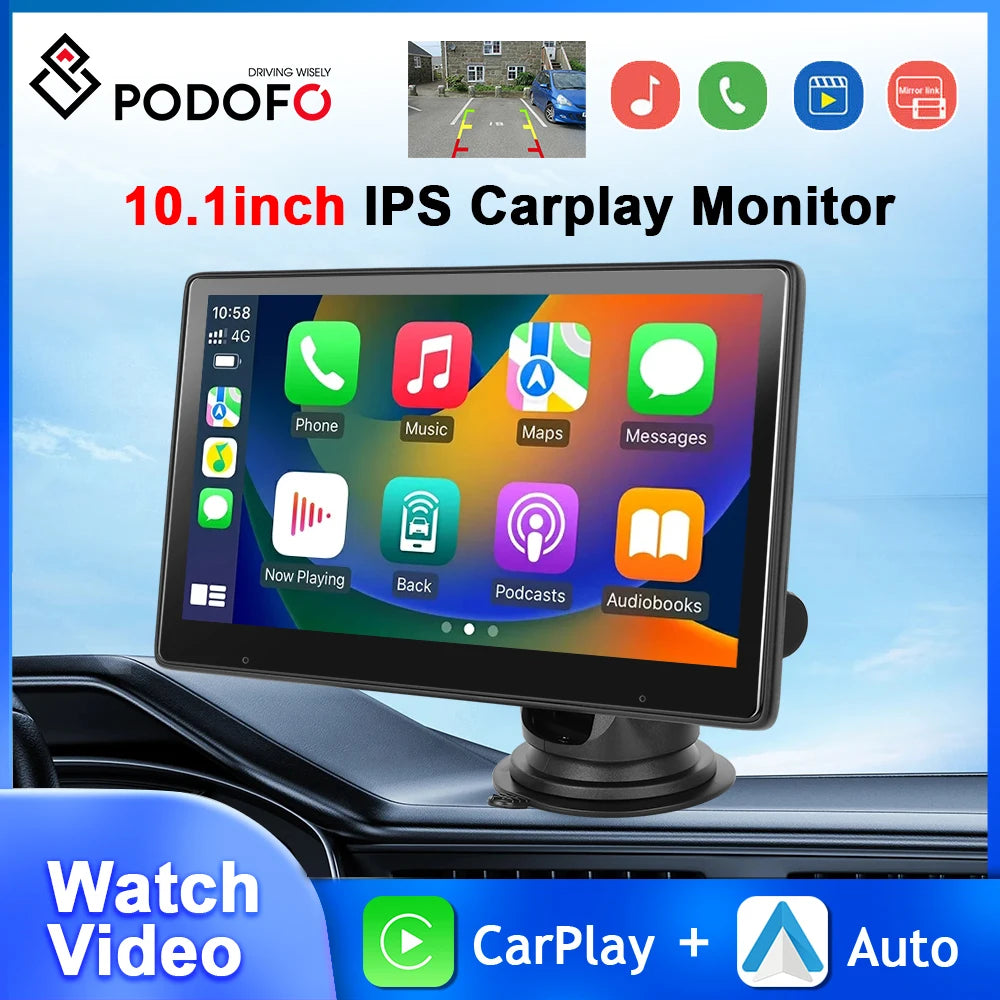 Podofo 10.1'' Carplay Monitor Android Auto Dashboard Watch Videos Airplay Android Cast Multimedia Player FM WIFI Bluetooth GPS