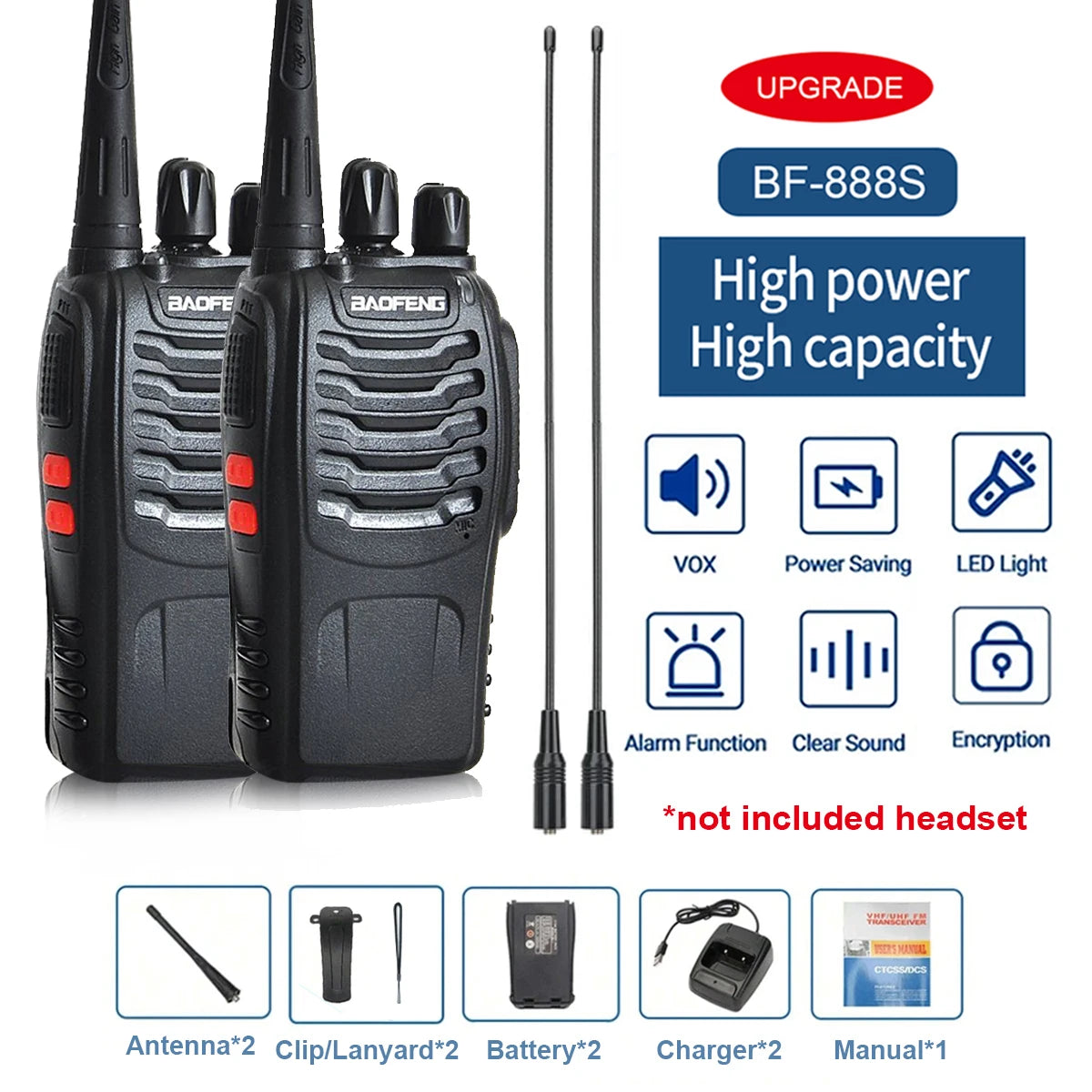 2PCS Stuks Baofeng 888S Walkie Talkie BF-888S 5W Ham Tweeweg Radio Set UHF 400-470Mhz 16ch Walkie-Talkie Transceiver USB charge