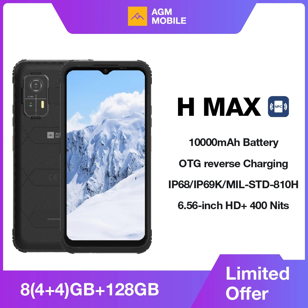 [World Premiere]AGM H MAX Rugged Smartphone 10000mAh Battery 4+128GB HD+ Display 3 Card Slot NFC OTG Reverse Charge Waterproof