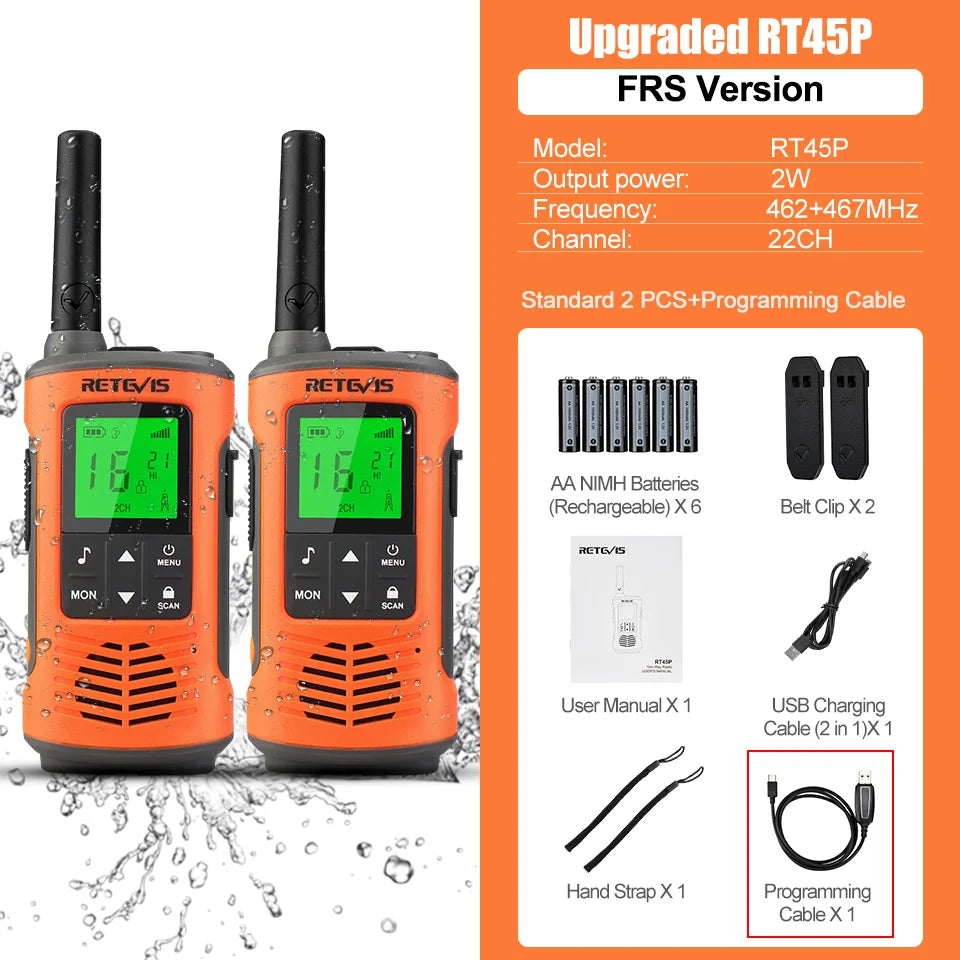 Retevis IP67 Waterproof Walkie Talkie 2 pcs Two-way Radio Receiver RT45 RT45P PMR446 for Motorola Rechargeable Walkie-Talkies