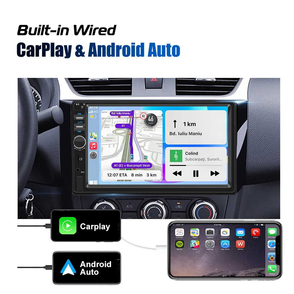 ESSGOO 1 DIN 7 inch Universal Carplay Android Auto Car Stereo Radio FM Bluetooth TF USB AUX Mirror Link HD Touch Screen SWC EQ