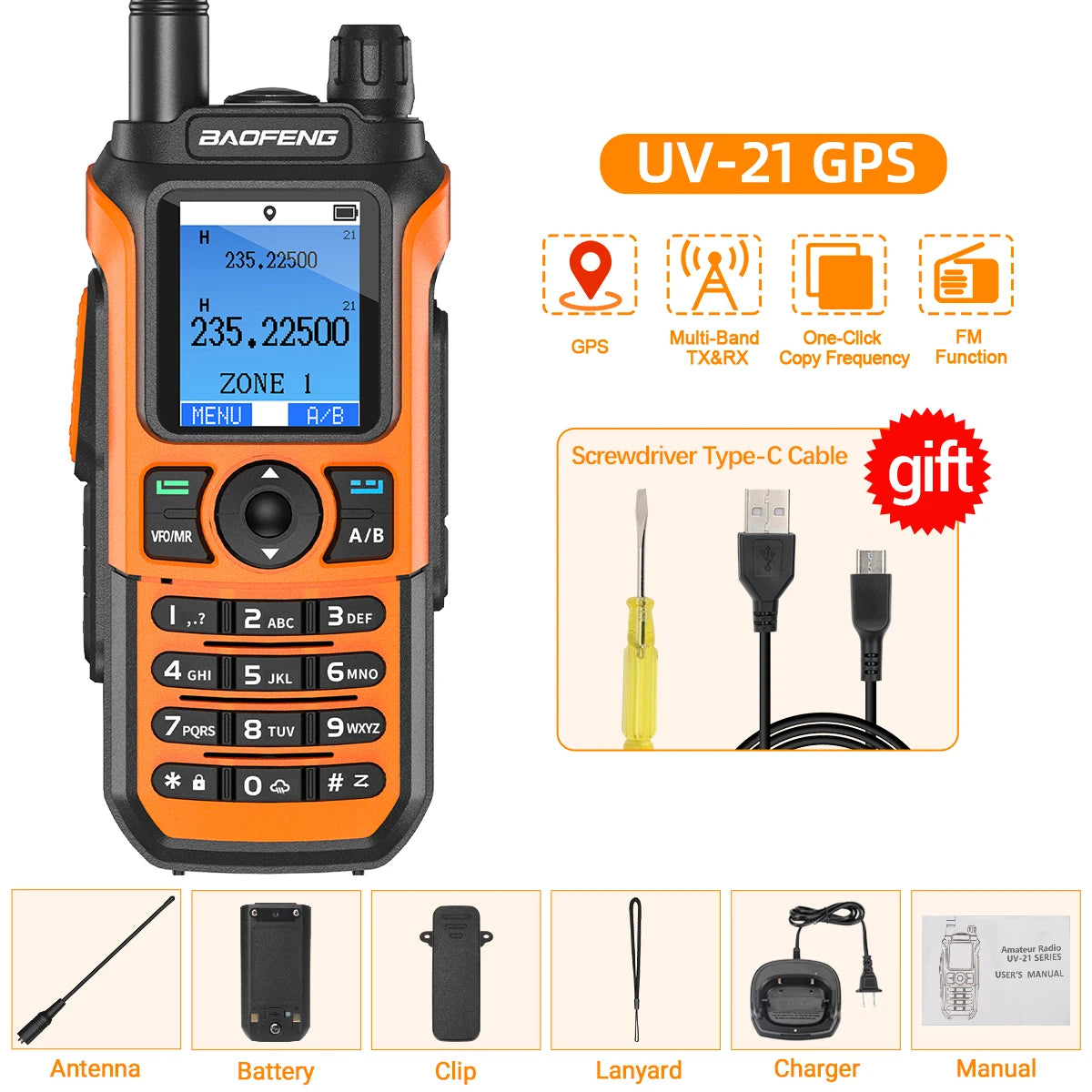 Baofeng UV-21 GPS Walkie Talkie Portable Long Range Mutli-Band Wireless Copy Frequency Type-C Charger Radio Upgrade UV17 PRO