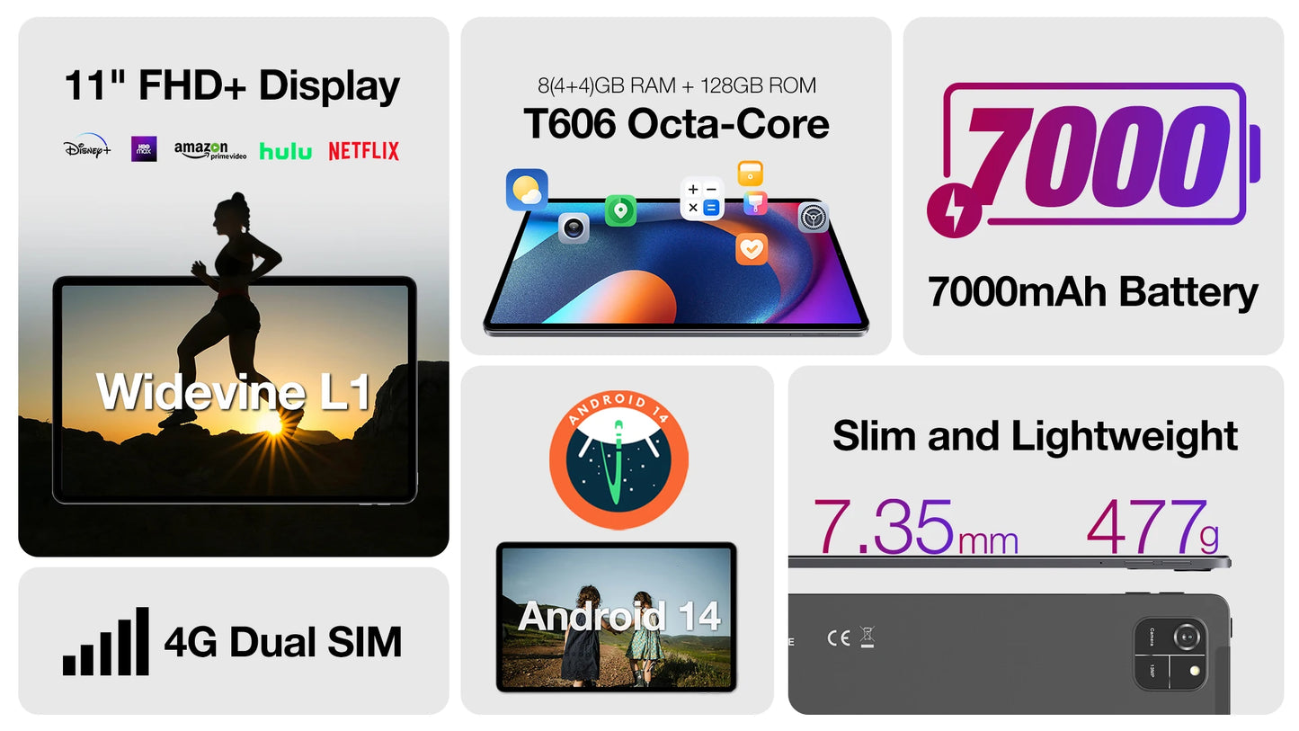 AGM PAD T1 Tablet 10.95 inch 1200*1920 FHD+ Screen  8（4+4）GB RAM 128GB ROM 4G LTE Android 14 Unisoc T606 Tablets Widevine L1