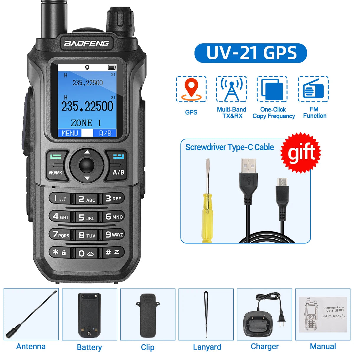 Baofeng UV-21 GPS Walkie Talkie Portable Long Range Mutli-Band Wireless Copy Frequency Type-C Charger Radio Upgrade UV17 PRO