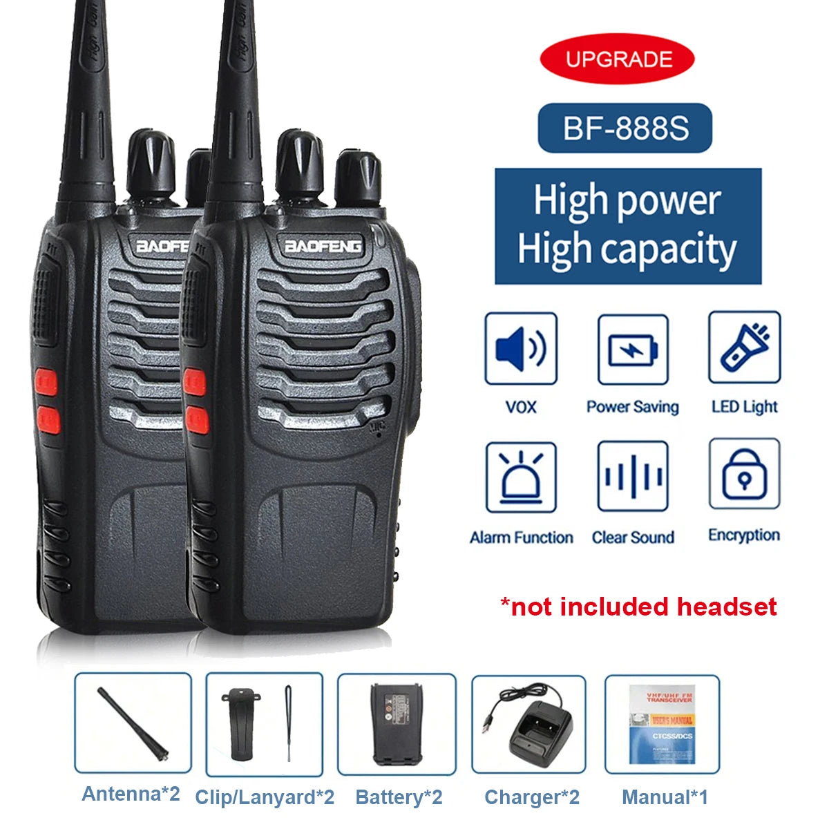 2PCS Stuks Baofeng 888S Walkie Talkie BF-888S 5W Ham Tweeweg Radio Set UHF 400-470Mhz 16ch Walkie-Talkie Transceiver USB charge