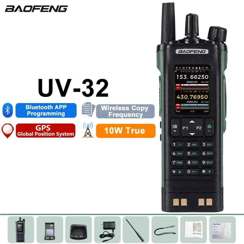 Baofeng Walkie Talkie UV-32 GPS 10W Bluetooth APP Programming Multi Band Fast Copy Frequency NOAA USB-C Long Range Two Way Radio