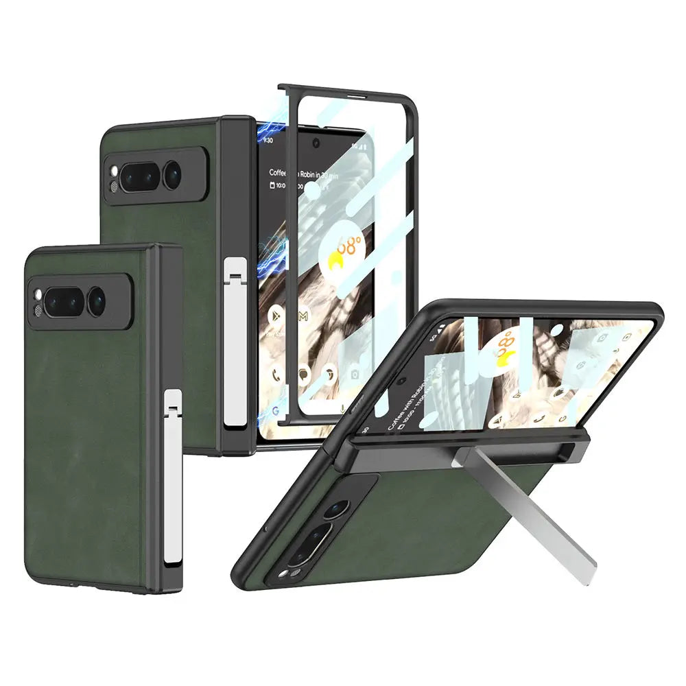 Frosted Plain Leather Case for Google Pixel Fold Magnetic Folding Hinge All-inclusive Protection Cover with Tempered Glass