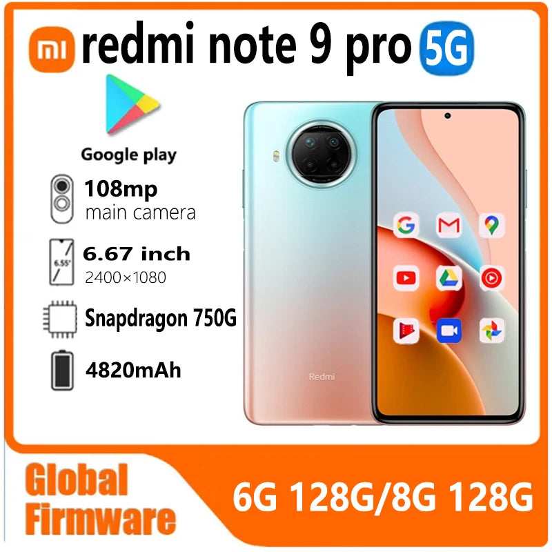 Xiaomi Redmi Note 9 Pro 5G Smartphone Global Firmware Qualcomm Snapdragon 750G 108MP 4820mAh 6.67-inch 33W used phone