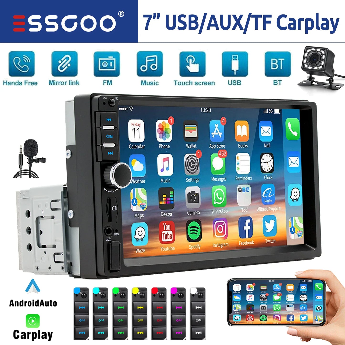 ESSGOO 1 DIN 7 inch Universal Carplay Android Auto Car Stereo Radio FM Bluetooth TF USB AUX Mirror Link HD Touch Screen SWC EQ