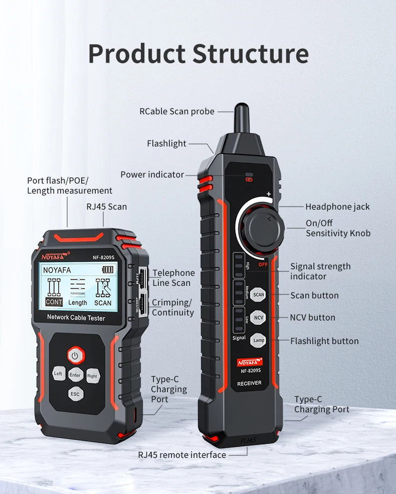 NOYAFA NF-8209S Network Cable Tracker Lan Measure Tester Network Tools LCD Display Measure Length Wiremap Tester Cable Tracker