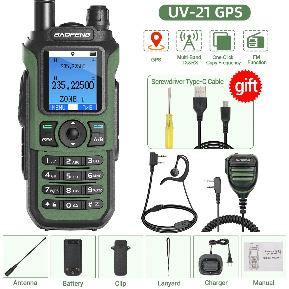 Baofeng UV-21 GPS Walkie Talkie Portable Long Range Mutli-Band Wireless Copy Frequency Type-C Charger Radio Upgrade UV17 PRO