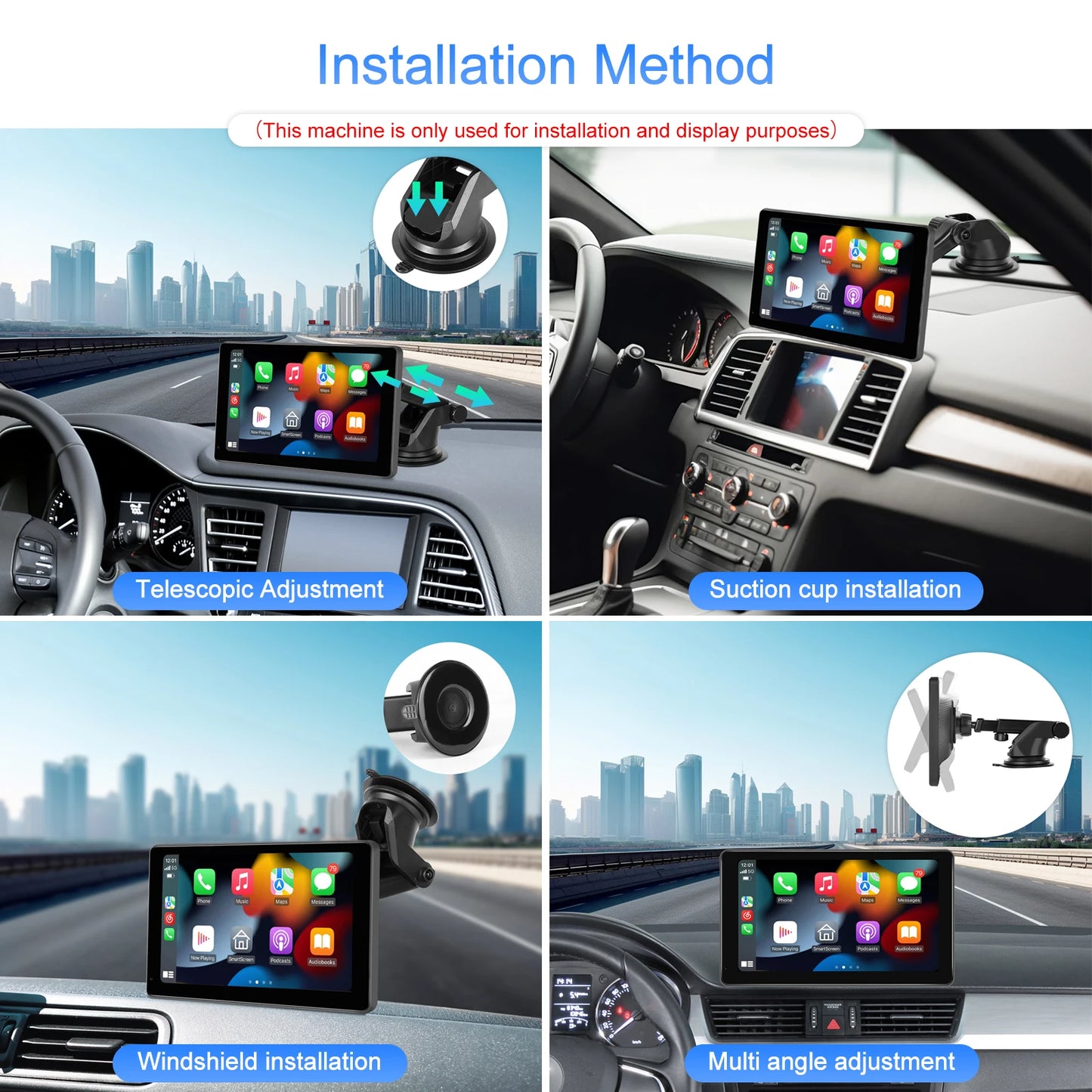 Podofo 10.1'' Carplay Monitor Android Auto Dashboard Watch Videos Airplay Android Cast Multimedia Player FM WIFI Bluetooth GPS