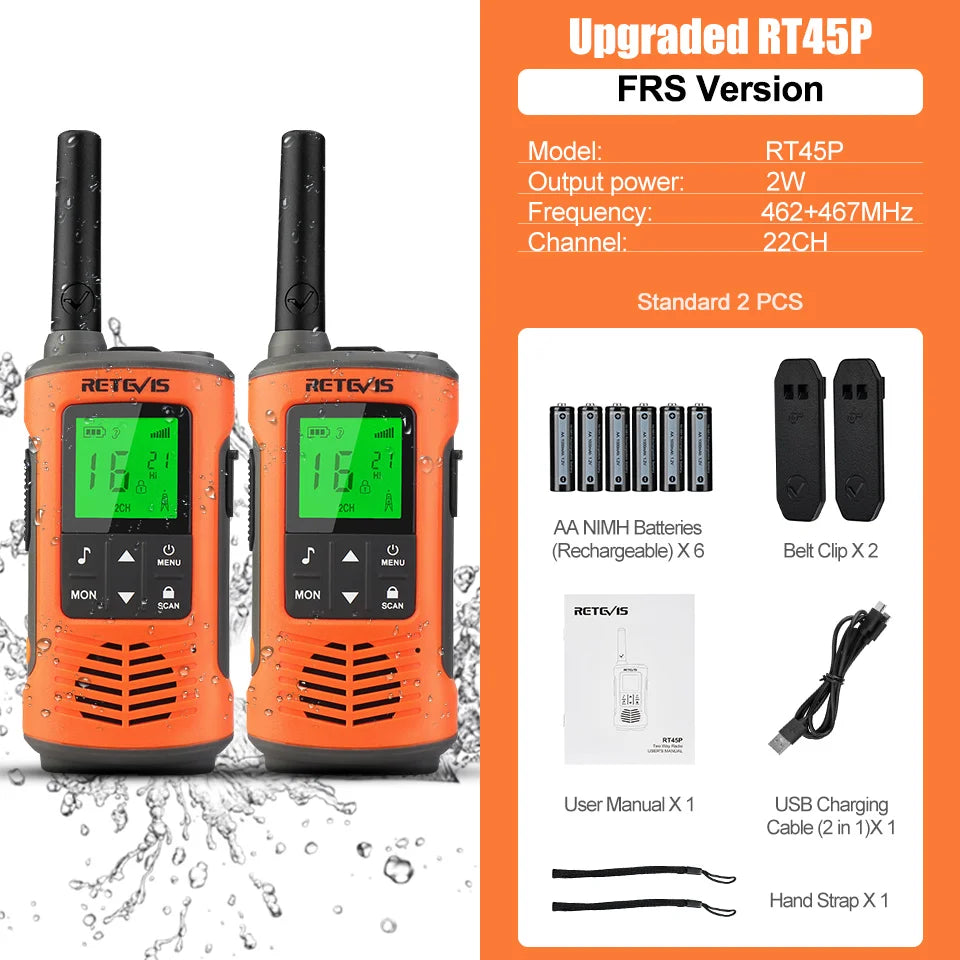 Retevis IP67 Waterproof Walkie Talkie 2 pcs Two-way Radio Receiver RT45 RT45P PMR446 for Motorola Rechargeable Walkie-Talkies