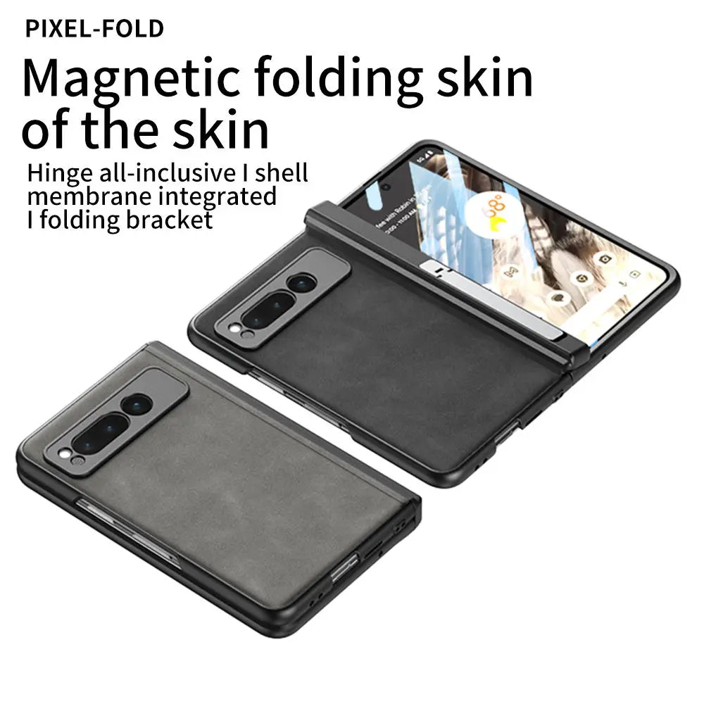 Frosted Plain Leather Case for Google Pixel Fold Magnetic Folding Hinge All-inclusive Protection Cover with Tempered Glass