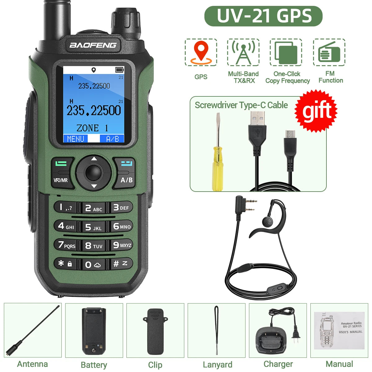 Baofeng UV-21 GPS Walkie Talkie Portable Long Range Mutli-Band Wireless Copy Frequency Type-C Charger Radio Upgrade UV17 PRO