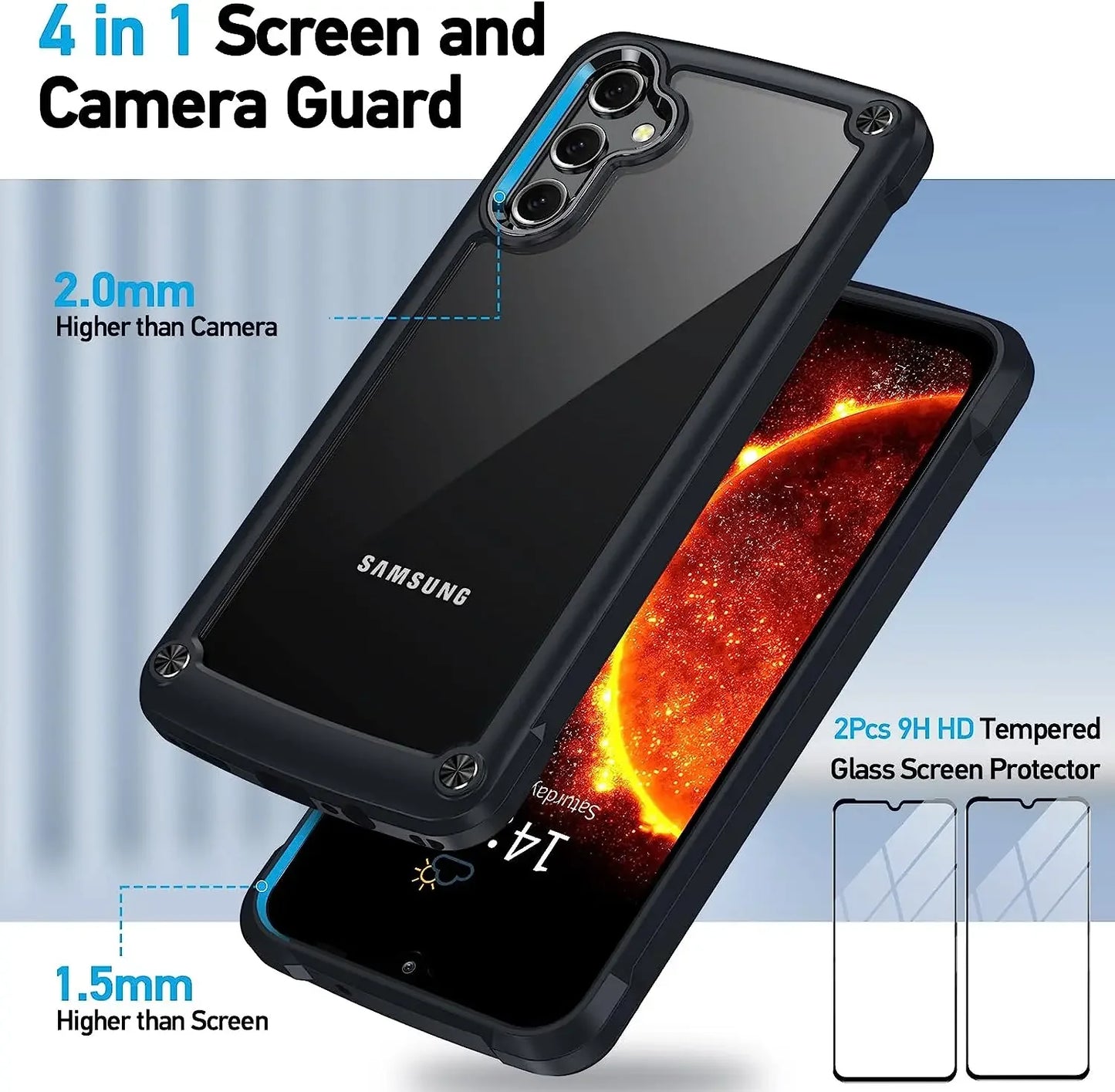 For Samsung Galaxy A14 5G Crystal Clear Case with 2X Tempered Glass Screen Protectors Military Shockproof Case for Samsung A14