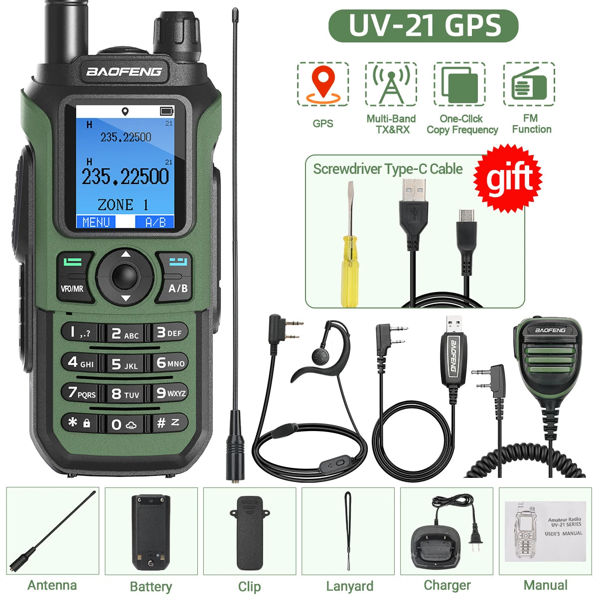 Baofeng UV-21 GPS Walkie Talkie Portable Long Range Mutli-Band Wireless Copy Frequency Type-C Charger Radio Upgrade UV17 PRO