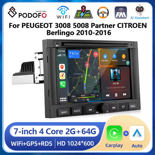 Podofo 7” Car Radio Multimedia Player For PEUGEOT 3008 5008 Partner CITROEN Berlingo 2010-2016 Carplay Android auto WIFI Radio