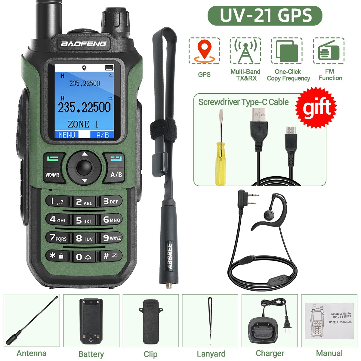 Baofeng UV-21 GPS Walkie Talkie Portable Long Range Mutli-Band Wireless Copy Frequency Type-C Charger Radio Upgrade UV17 PRO