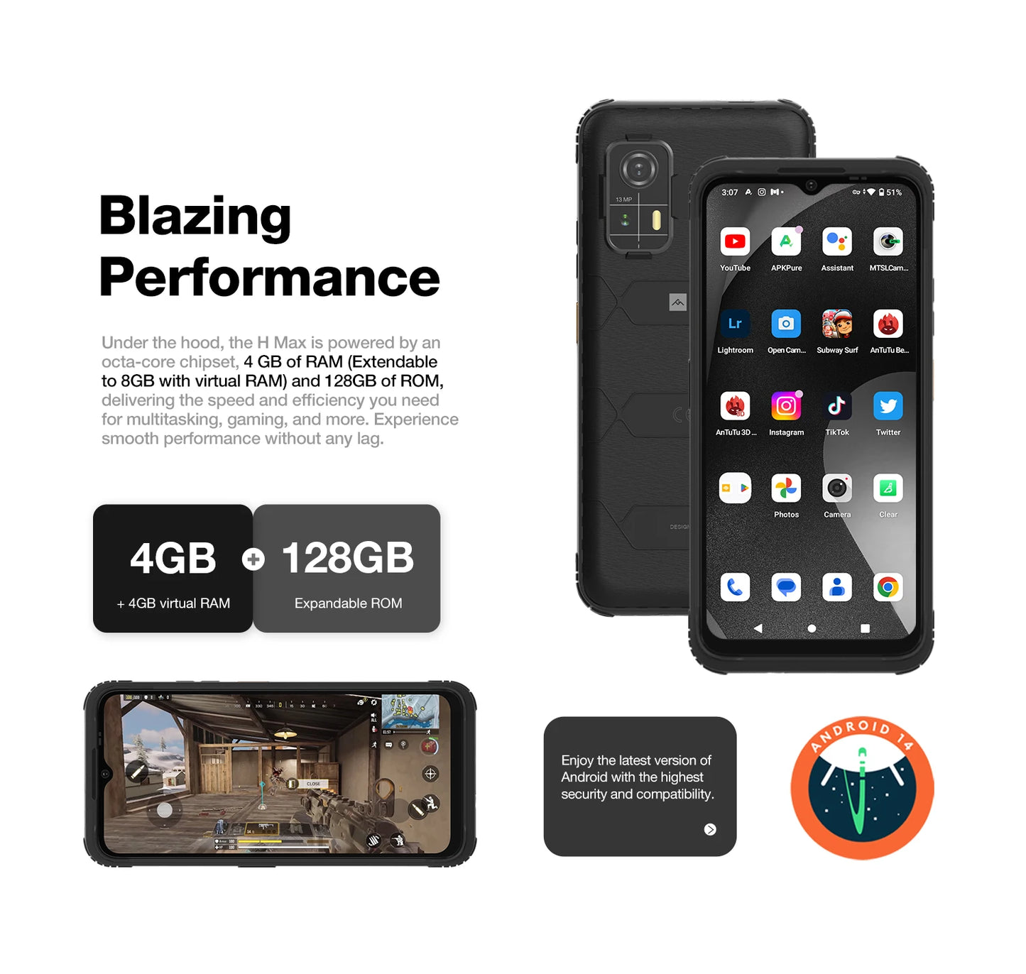 [World Premiere]AGM H MAX Rugged Smartphone 10000mAh Battery 4+128GB HD+ Display 3 Card Slot NFC OTG Reverse Charge Waterproof