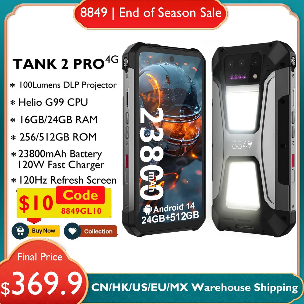 8849 Tank 2 PRO Rugged Smartphone with Projector  6.79" 2.4K Display 24GB 512GB Mobile Phone 23800mAh 120W Android 14 Phone