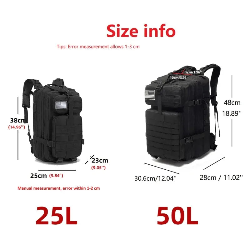 1000D Nylon Waterproof  Outdoor Rucksacks Tactical Sports Camping Hiking Trekking Fishing Hunting Bag Backpack 25L/50L