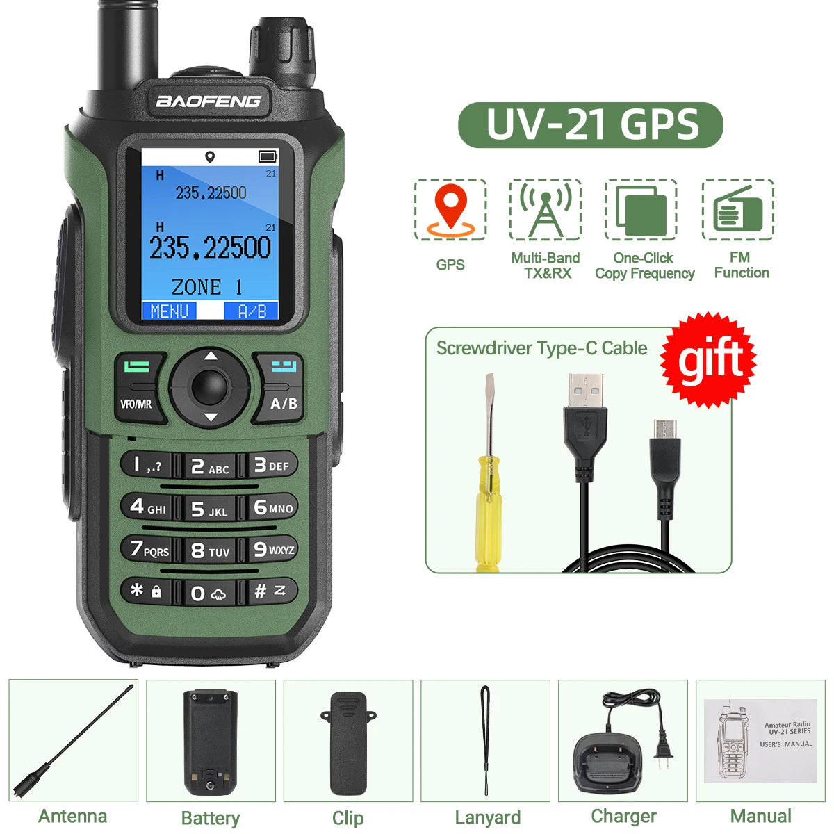 Baofeng UV-21 GPS Walkie Talkie Portable Long Range Mutli-Band Wireless Copy Frequency Type-C Charger Radio Upgrade UV17 PRO