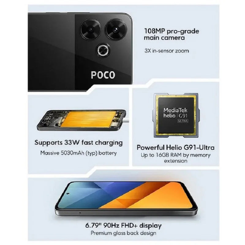 POCO M6 Smartphone Global Version Helio G91 Ultra 108MP Pro-Grade Main Camera 33W Fast Charging 5030mAh Battery