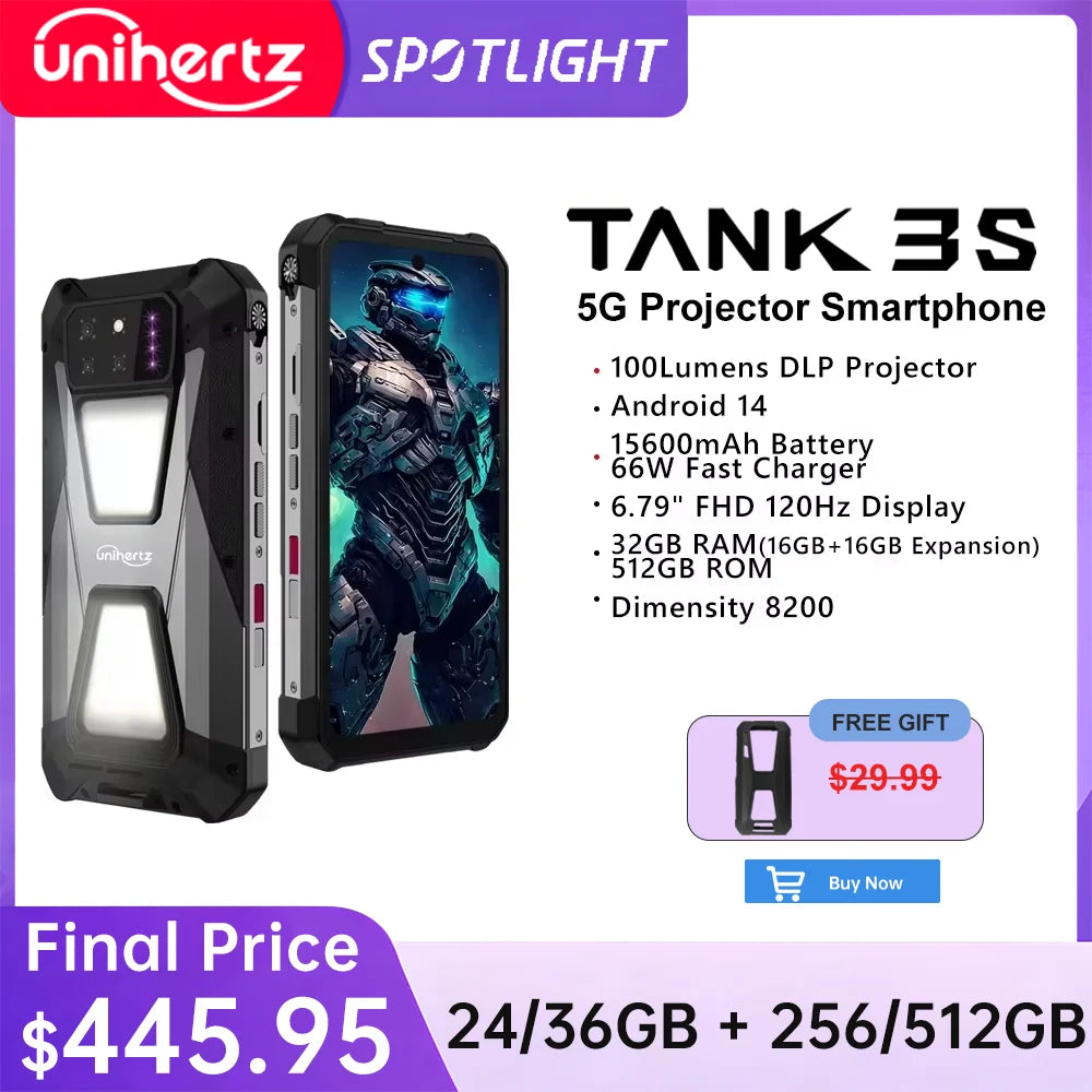 Unihertz tank 3s 8849 powered phone with projector 24/32GB 256/512GB Dimension 8200 cellphone 15600mAh 66W smartphones