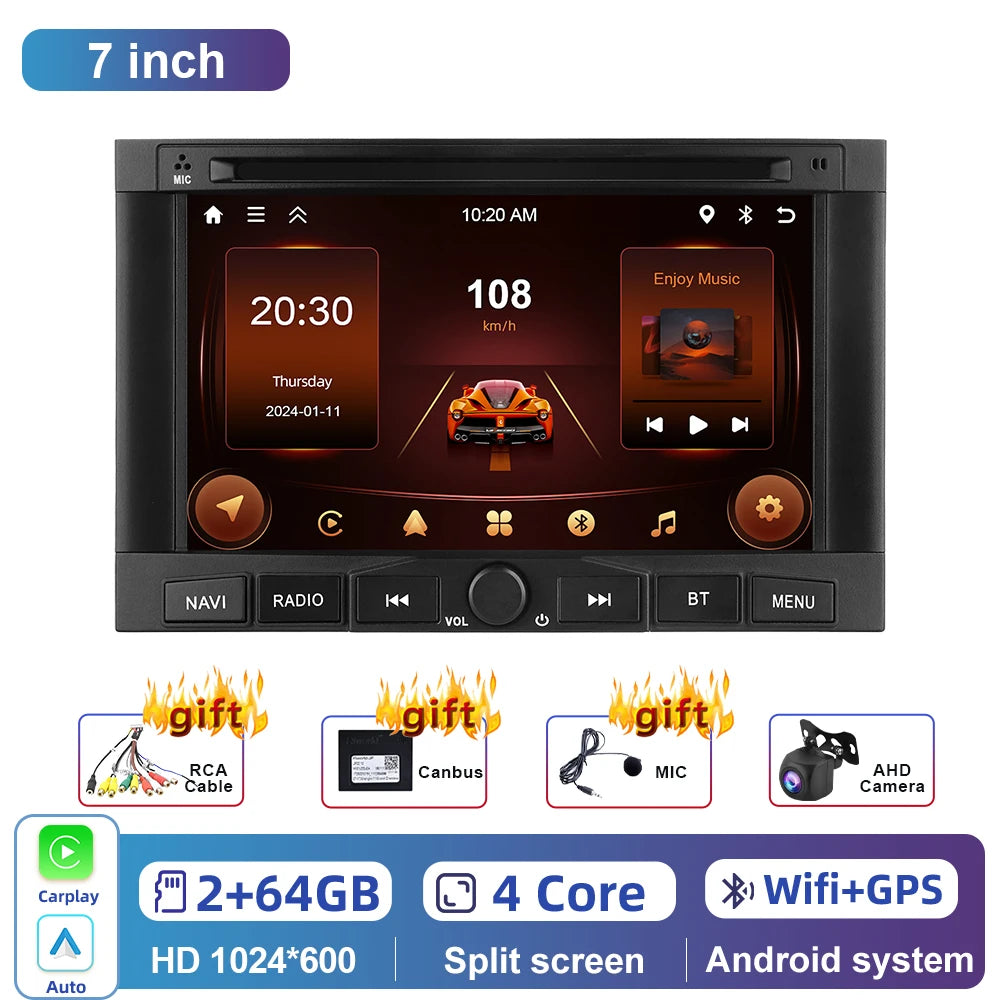 Podofo 7” Car Radio Multimedia Player For PEUGEOT 3008 5008 Partner CITROEN Berlingo 2010-2016 Carplay Android auto WIFI Radio