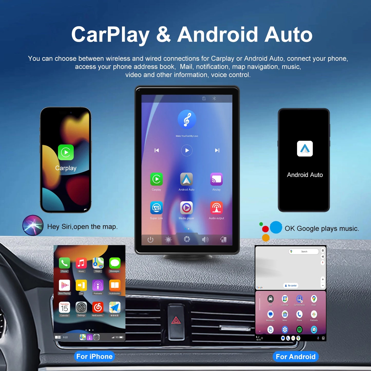 Podofo 8" IPS Screen Carplay Monitor Wireless Carplay Android auto Car Smart Screen Player Bluetooth FM Support Videos Rear Cam