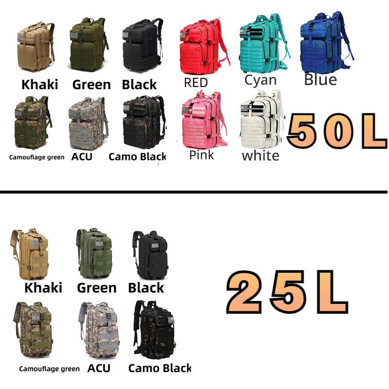 1000D Nylon Waterproof  Outdoor Rucksacks Tactical Sports Camping Hiking Trekking Fishing Hunting Bag Backpack 25L/50L