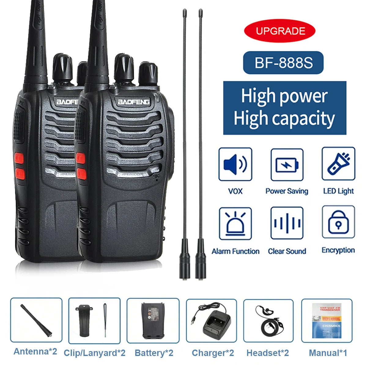 2PCS Stuks Baofeng 888S Walkie Talkie BF-888S 5W Ham Tweeweg Radio Set UHF 400-470Mhz 16ch Walkie-Talkie Transceiver USB charge