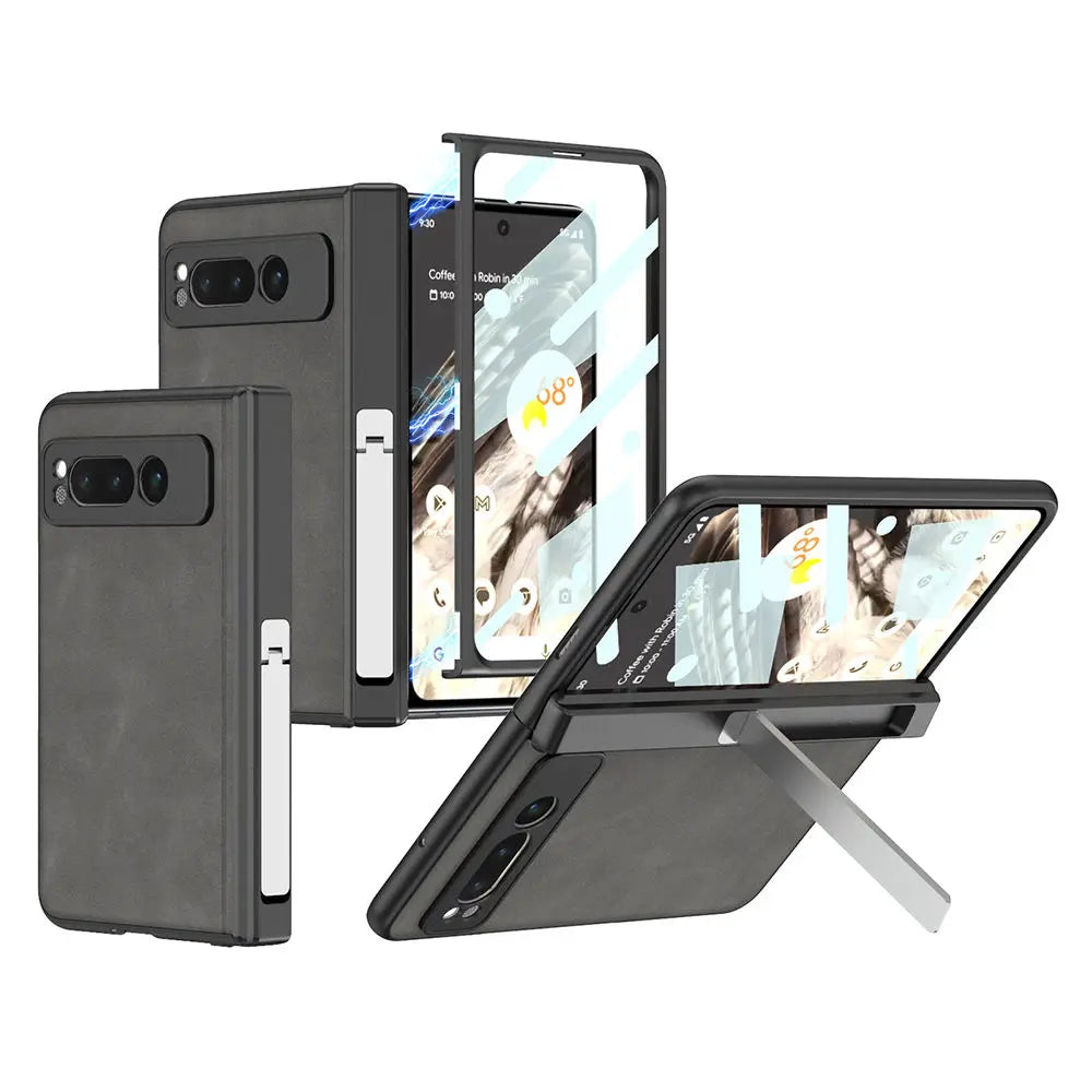 Frosted Plain Leather Case for Google Pixel Fold Magnetic Folding Hinge All-inclusive Protection Cover with Tempered Glass