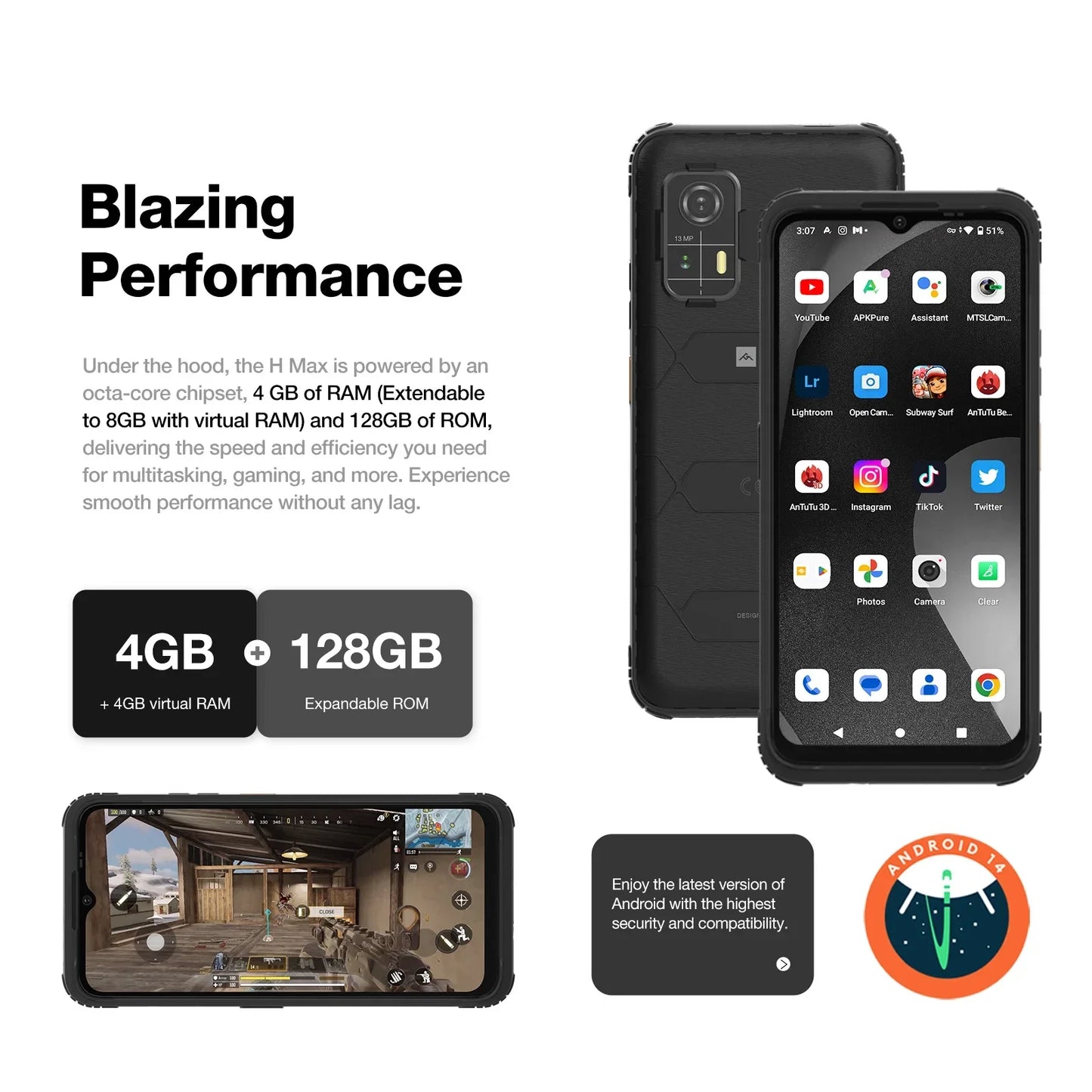 [World Premiere]AGM H MAX Rugged Smartphone 10000mAh Battery 4+128GB HD+ Display 3 Card Slot NFC OTG Reverse Charge Waterproof