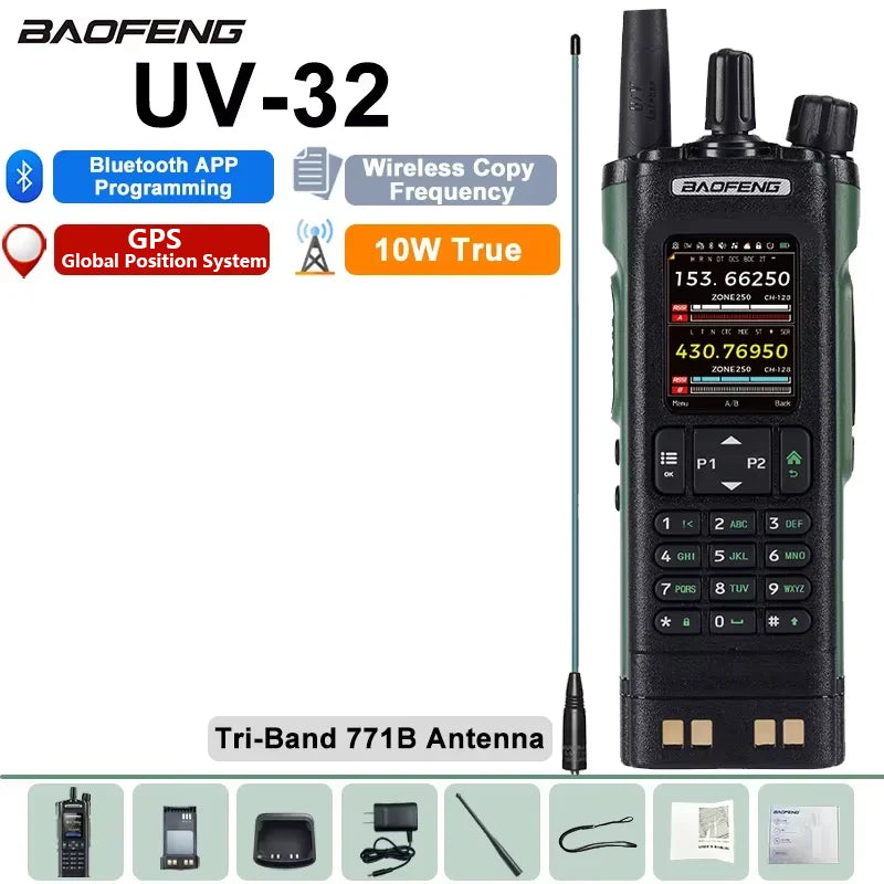 Baofeng Walkie Talkie UV-32 GPS 10W Bluetooth APP Programming Multi Band Fast Copy Frequency NOAA USB-C Long Range Two Way Radio