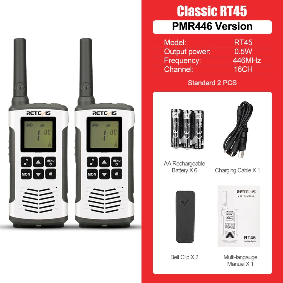 Retevis IP67 Waterproof Walkie Talkie 2 pcs Two-way Radio Receiver RT45 RT45P PMR446 for Motorola Rechargeable Walkie-Talkies