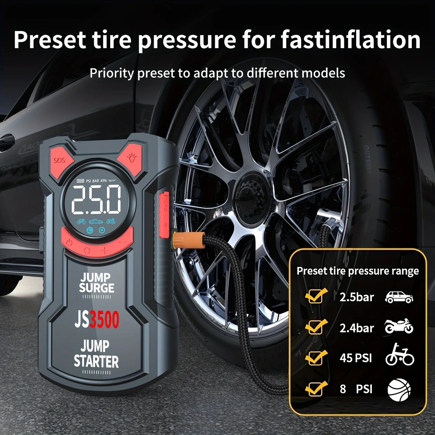 Car Jump Starter Air Compressor With Power Bank Portable Electric Pump Auto Battery Booster 12V Jump Box With Flashlight