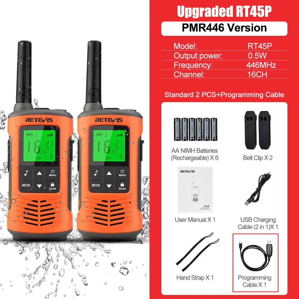 Retevis IP67 Waterproof Walkie Talkie 2 pcs Two-way Radio Receiver RT45 RT45P PMR446 for Motorola Rechargeable Walkie-Talkies